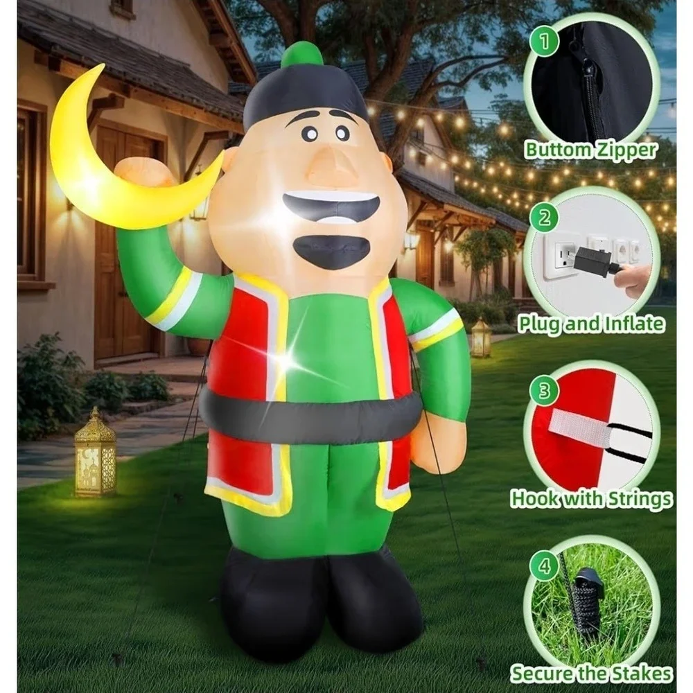 Ramadan Inflatable Decorations 7Ft, Eid Mubarak Moon Inflatable with 4 Bright LE